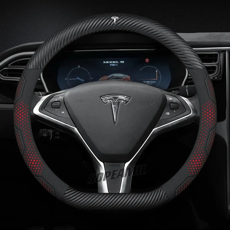 

For Tesla Roadster Model 3 Model Y Model S Model X Car Leather Carbon Fiber Anti-Slip Protector Steering Wheel Cover Accessories