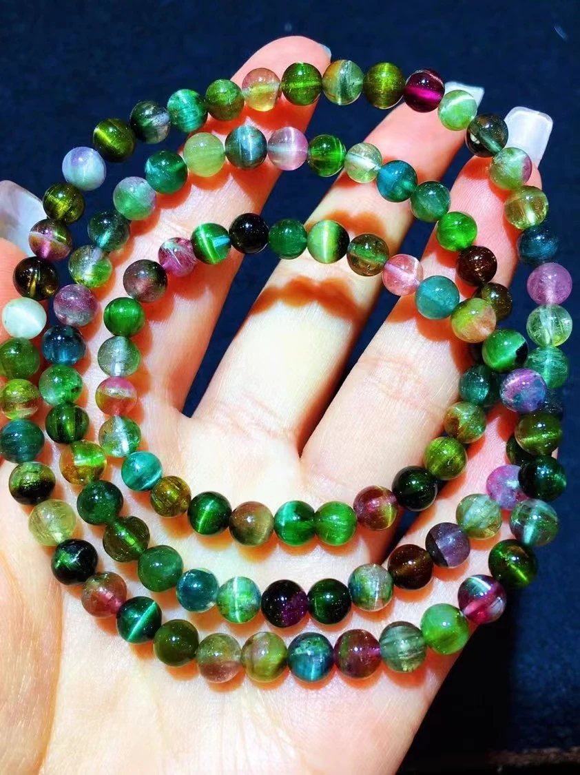 

Natural Green Tourmaline Beads Bracelet Jewelry Cat Eye 5.8mm 3 Laps Clear Round Beads Red Tourmaline Women Jewelry AAAAAAA