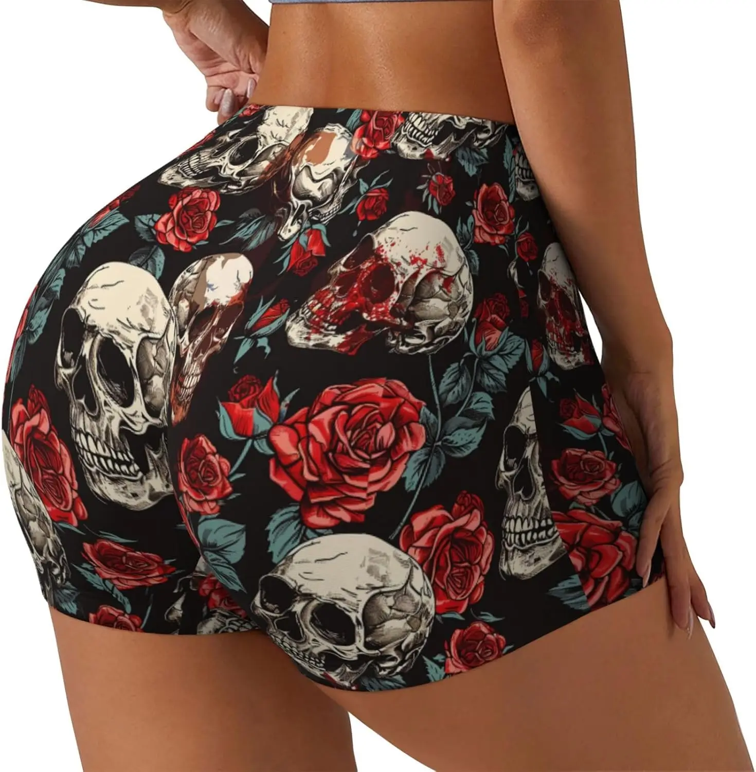 고딕 해골과 장미 발렌타인 데이 여성용 운동 반바지 신축성 있는 바이커 반바지 컴프레션 여성용 짐 반바지
