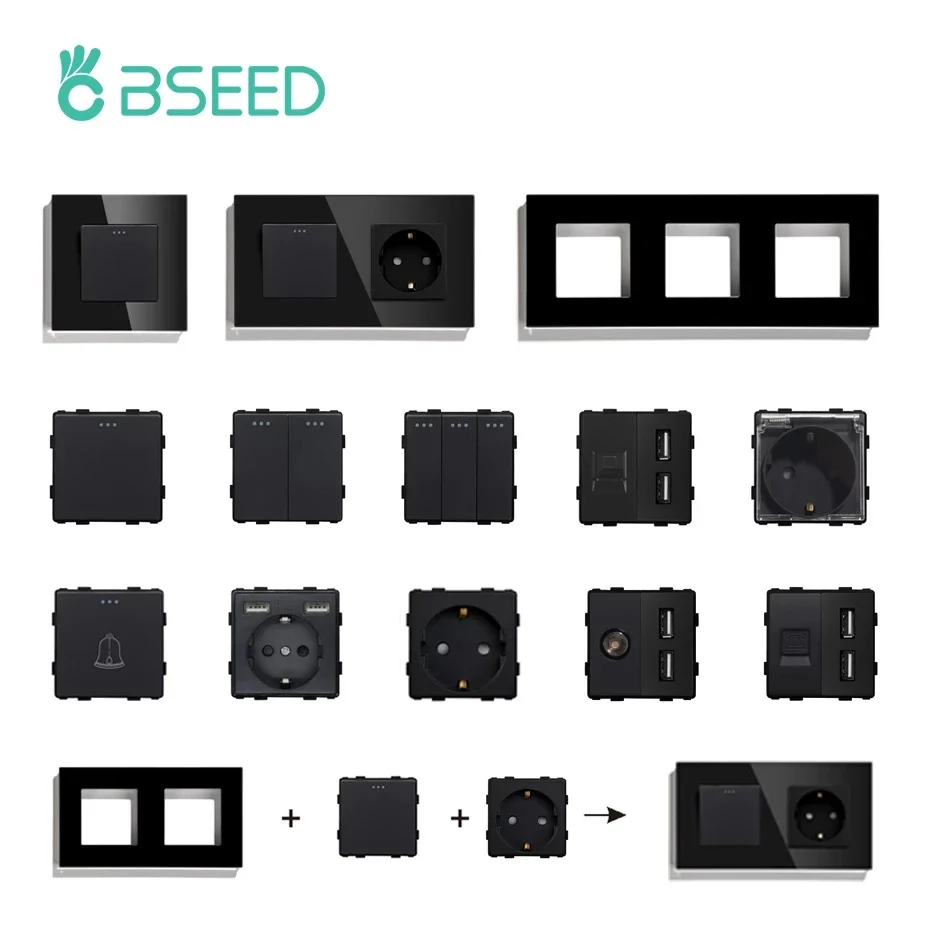מתגי תאורה לקיר BSEED חלקי פאנל זכוכית שחורים חלקי פונקציה שקע USB DIY EU CAT5 שקע טלוויזיה חלקי יציאת חשמל