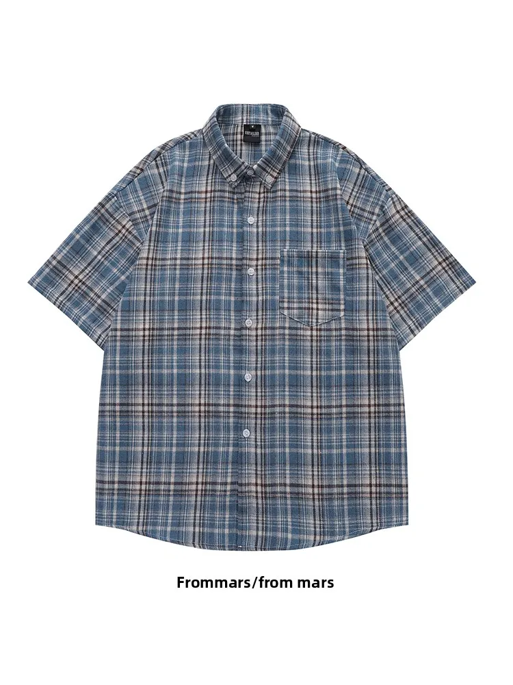 

Мужская повседневная рубашка свободного кроя в клетку с коротким рукавом в американском ретро-стиле, синяя, с цветовыми блоками, летняя мода