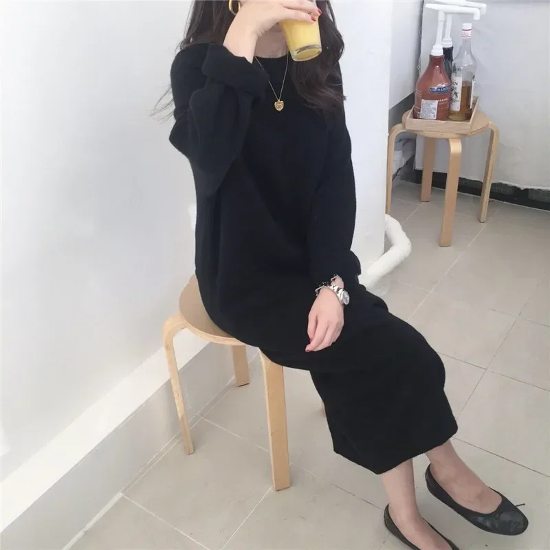 Women Fall Winter O Neck Lazy Style Knit Dress Black Red Oversize Fashion Mid-length Loose Casual Bottoming Warm Sweater Dress