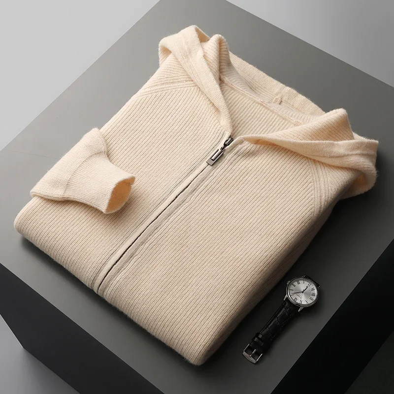 Novo cardigan com capuz outono e inverno engrossado malha tamanho grande jaqueta 100% lã merino casual manga longa jaqueta esportiva