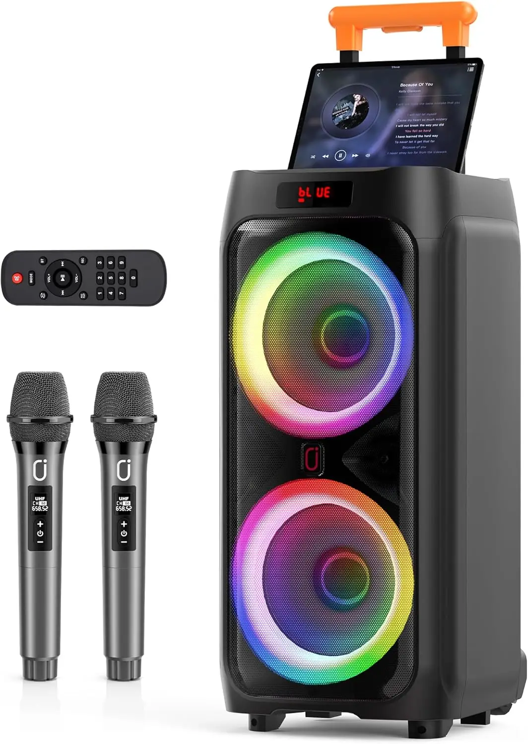 

Portable Karaoke Machine with 2 Wireless Mics, 24" Bluetooth Speaker, RGB Lights, TWS/USB/AUX/TF/REC for Home & Outdoor Parties