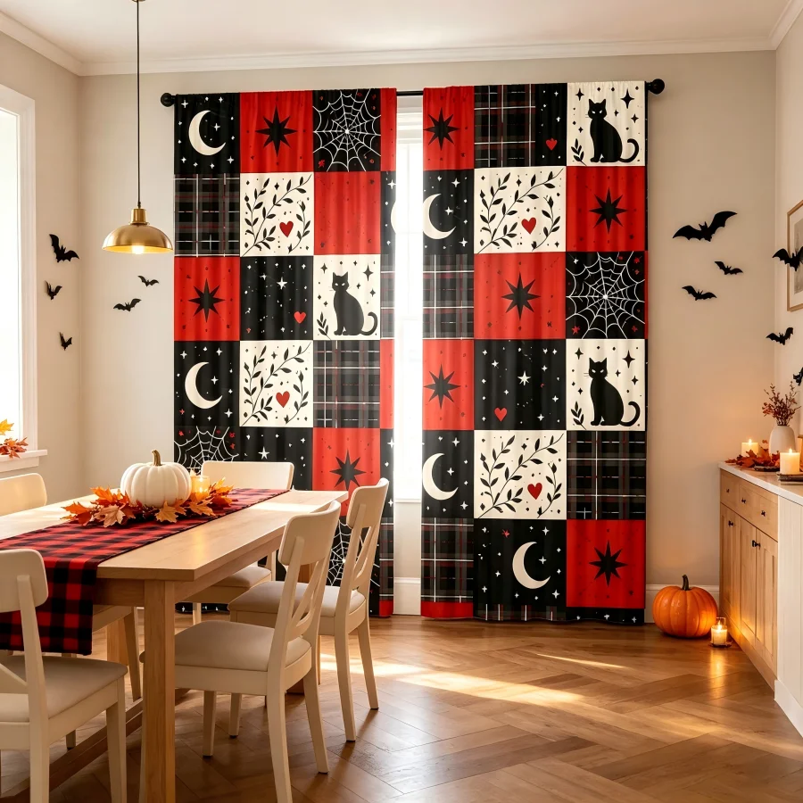 2PCS Digital Print Curtain, Patchwork Black Cat Moon Spider Web Plaid Grid, Halloween Spooky Style for Living Room Bedroom Decor