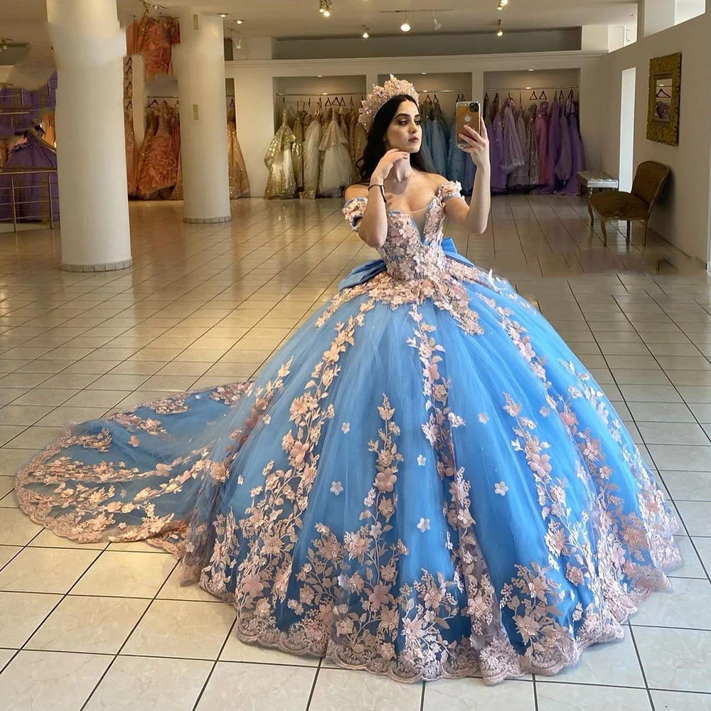 

ANGELSBRIDEP Блестящие небесно-голубые платья Quinceanera с 3D розовым цветком, милое платье принцессы 16, расшитое бисером, для дня рождения, Vestido De 15 Anos