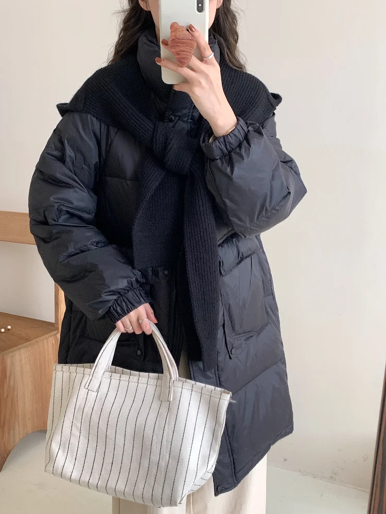 Women\'s Winter Coats Long Hooded Splicing Down Jacket White Duck Down Jacket Knitting Scarf Casual Thick Warm Loose Outwear