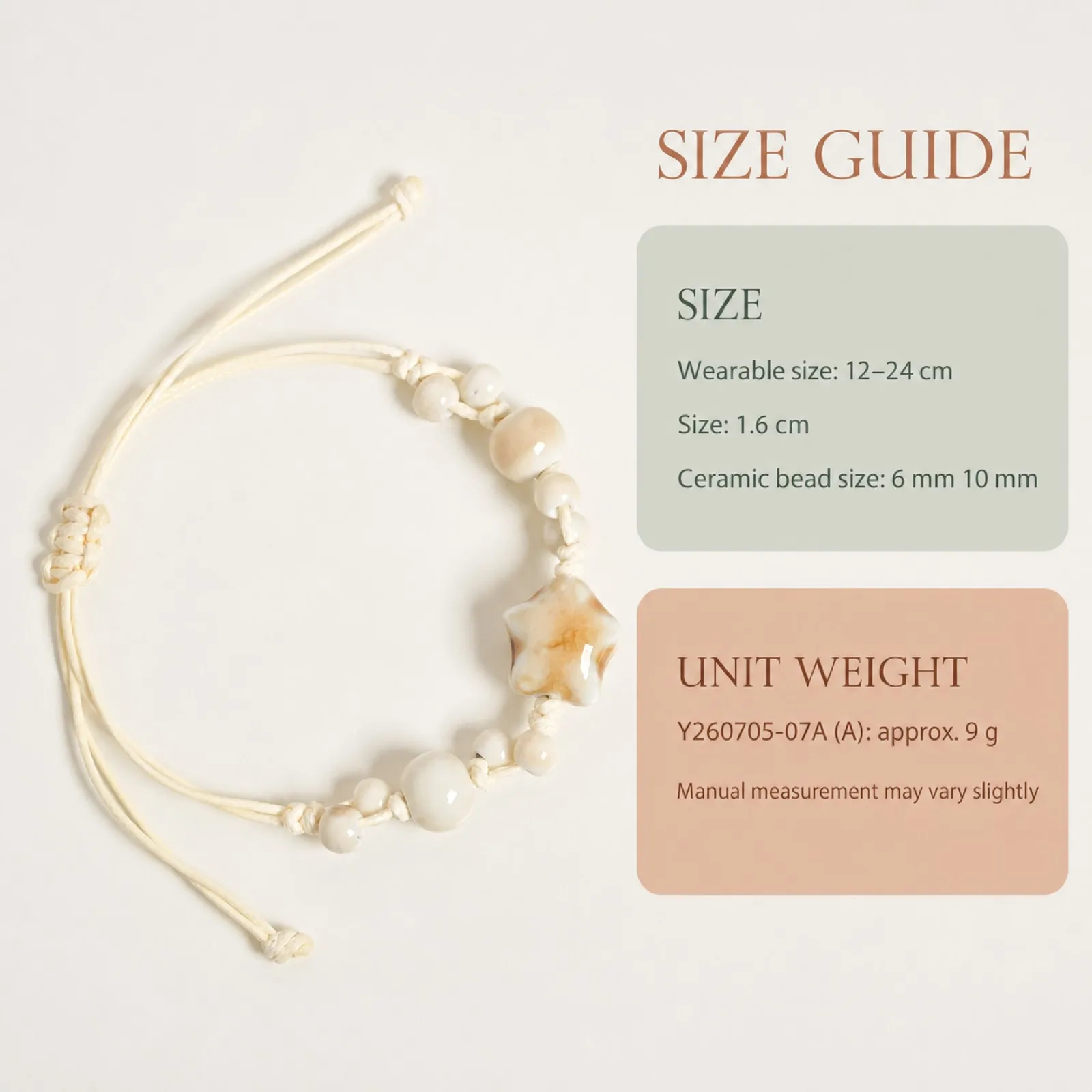 Handmade White Star Ceramic Bead Adjustable Wax Cord Hand Woven Gift Bracelet with 12-24cm Wearable Length Y260705-07