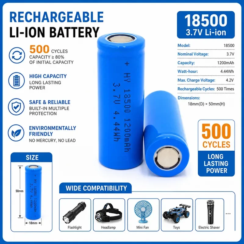 100PCS for 18500 Lithium Battery 3.7V Rechargeable for Bluetooth Speaker 18500 Li-ion Cell