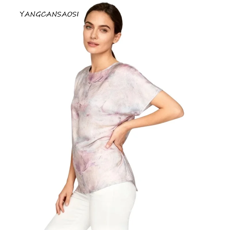 

Women's Fashion Clothing Pink Lotus Print 100% Natural Mulberry Silk Song Brocade Different Color Luo Short Sleeved T-shirt