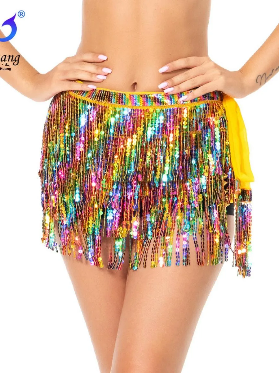 New loween Sparkling Belly Dance Costume Skirt Par Performance ow off oulder Sequin Waist Towel Tassel Women's Dr