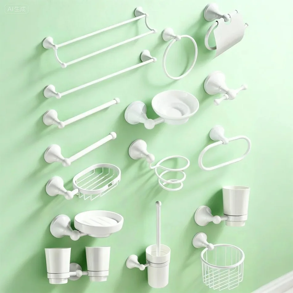 

White Bathroom Hardware Set Brass Paper Towel Holder Rail Ceramic Soap Dish Cup Rack Toilet Brush Holder Bathroom Accessories