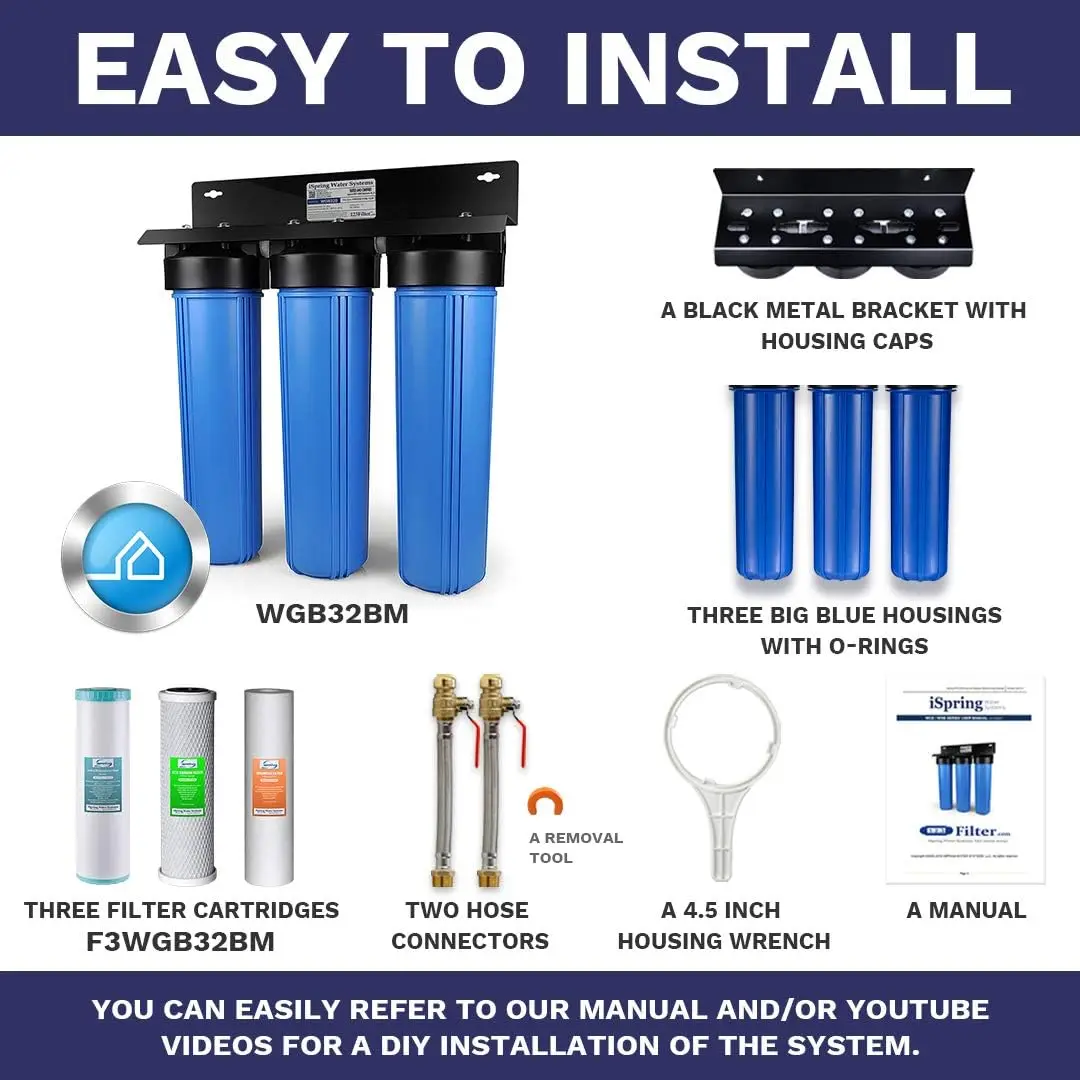 32BM 3-Stage Whole House Water Filtration System (w/ 20” x 4.5” Sediment, Carbon, and Iron & Manganese Reducing