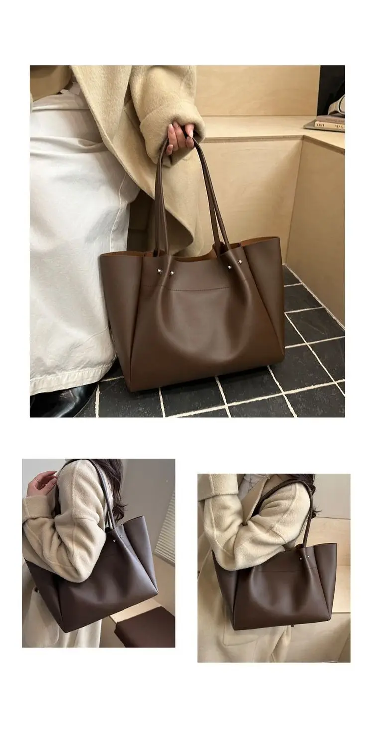 Large Capacity Tote Bag Women's New Retro Versatile College Student Texture Class Travel Commuting PU Bag