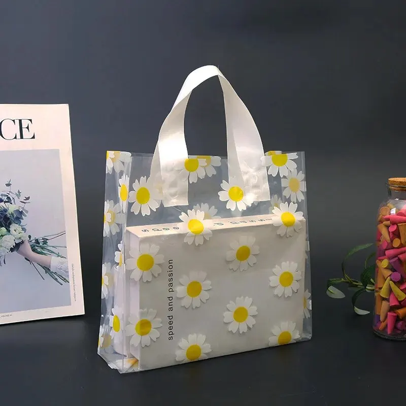 1pc Vertical Folded Edge Handbag, Plastic Bag, Small Daisy Gift Bag, Cosmetics Bag, Clothing Packaging Bag, 50 Pieces