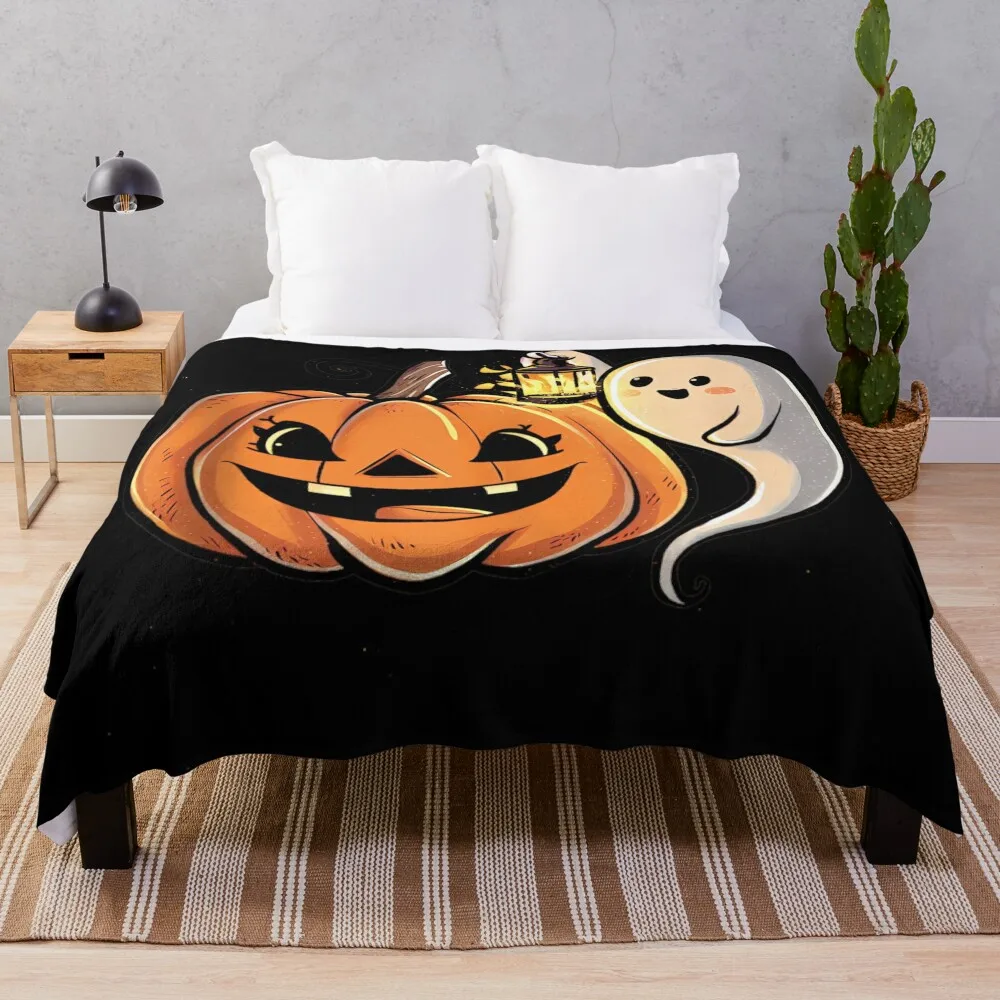 Halloween Tshirt Ghost Pumpkin Spooky Horror Party Costume Throw Blanket Thermal Furry Blankets For Sofas Blankets