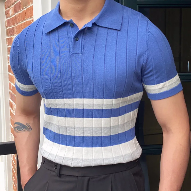 PFHQ Men's Summer New Style Short Sleeved Knitwear Stripe Contrast Business Shirt 2024 Contrast Color Male Tops Fashion 21Z5526