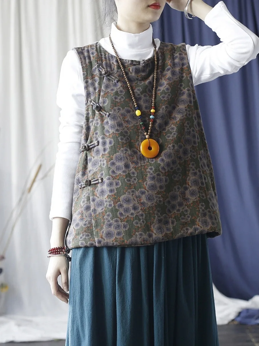 

Китайский хлопковый льняной жилет с косым воротником на пуговицах, зимняя верхняя одежда, женская модная длинная одежда свободного покроя...