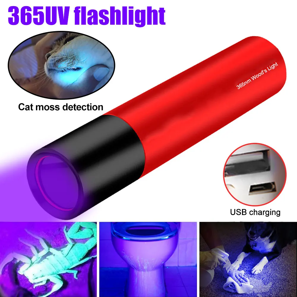 Mini UV Flashlight 365nm 3W LED Ultraviolet Torches USB Rechargeable Portable Black Light Stain Mineral Money Pet Urine Detector