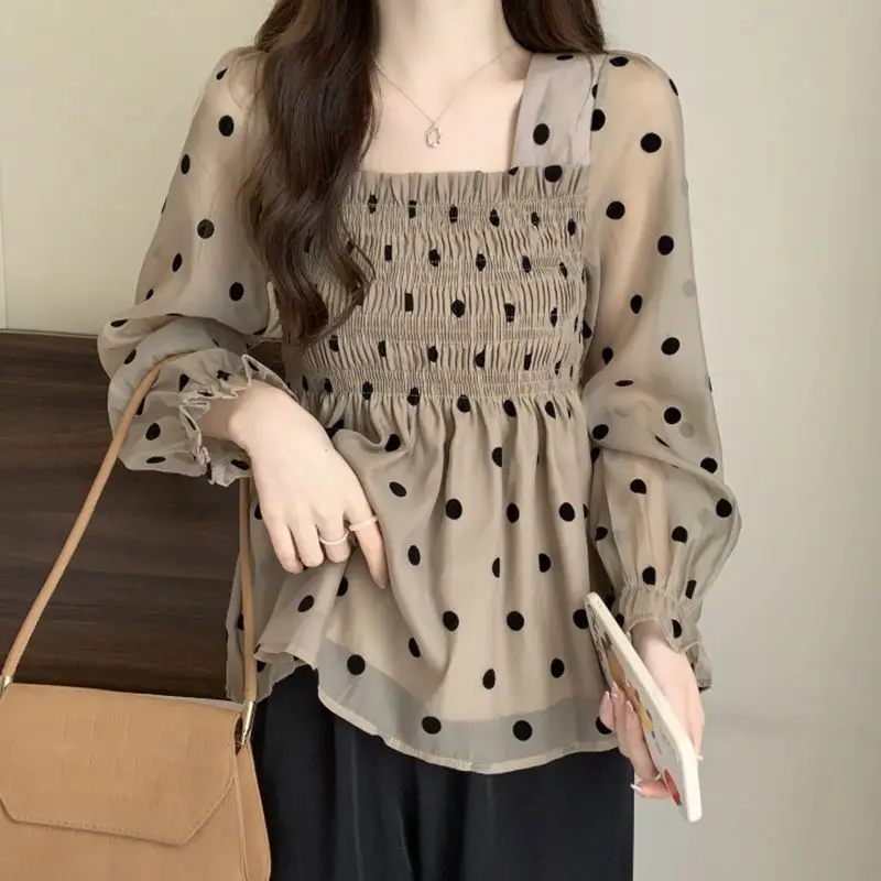 

French Style Polka Dot Printed Blouse Spring Autumn Long Sleeve Female Clothing Chic Shirring Slim Vintage Square Collar Shirt