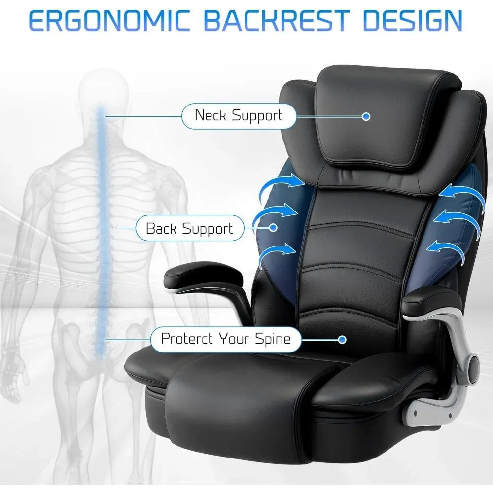 Office Chair 400lb Wide Seat, High Back Leather Executive Office Chair with Flip-up Arms, Ergonomic Computer Desk Chairs