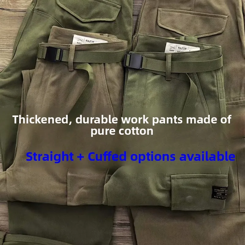 

Thiened из чистого хлопка, осень-зима-весна, прямые повседневные рабочие брюки для мужчин, свободный крой, износостойкие с несколькими кетами