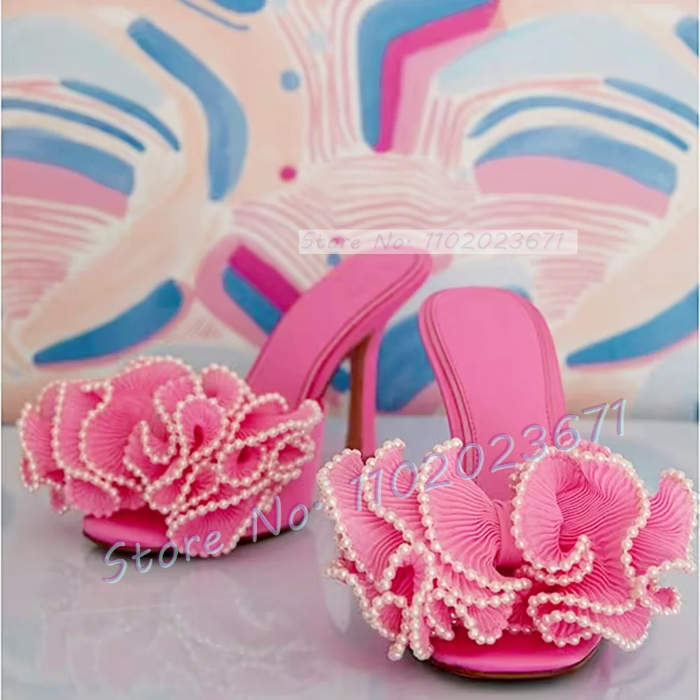 Pearl Trim Floral High Heels Slippers Women Summer Sweet Pink Ruffles Flower Shoes Open Toe Female Casual New Outfit Satin Mules