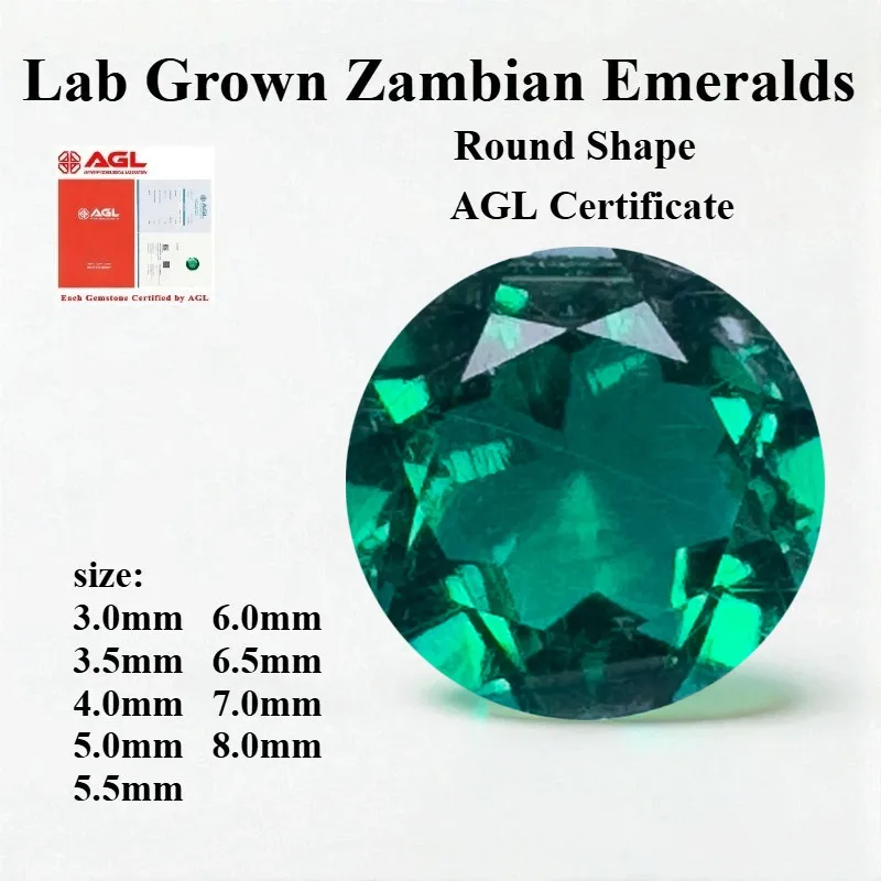 

Lab Grown Zambian Emeralds Round Shape Hydrothermal Hand Cutting with Cracks Inclusions Inside Selectable AGL Certificate