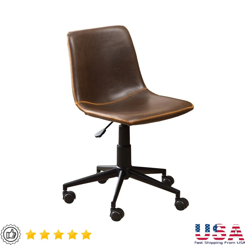 

Faux Leather Swivel Office Chair Adjustable Height Antique Brown Upholstered Seat 360 Degree Rotating Desk Chair with Casters