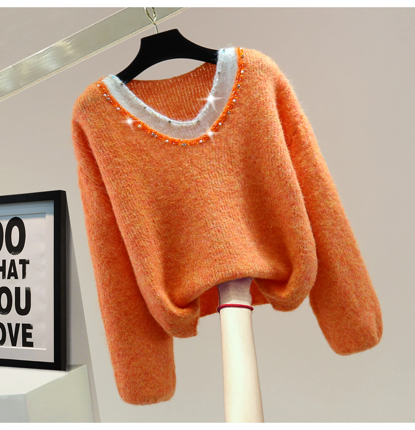 

Diamond-Studded Beaded Sequin Long-Sleeve Orange Knitted Sweater, 2025 Autumn Winter Fake Two-Piece Color Block V-Neck Sweater
