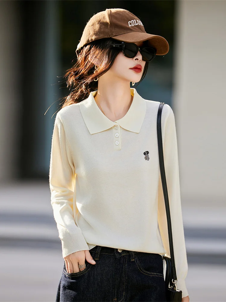 Prendas de punto bordadas con cuello retro, ropa de abrigo larga y fina de otoño con cuello vuelto, Top básico holgado y suave para mujer...