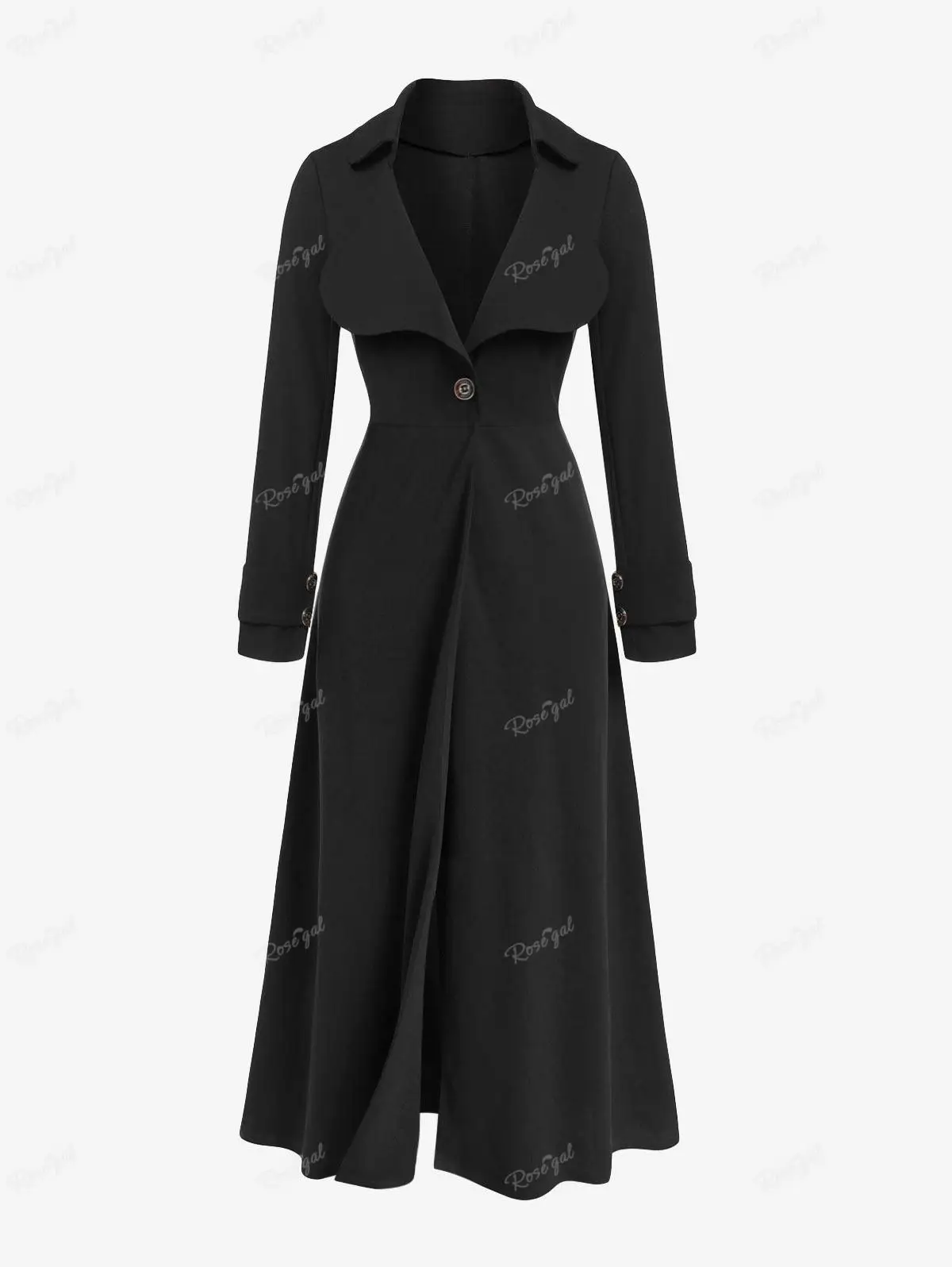 ROSEGAL Plus Size Coat For Women Autumn High Waist Thin Long Outwears Black Turn Down Collar Mock Button Maxi Coats