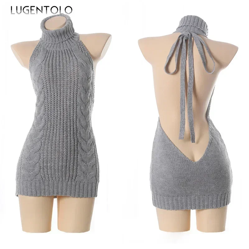 Women Sexy Knit Sweaters Backless Turtleneck Solid Sleeveless New Spring Lady Fashion Slim Pullover Clothing