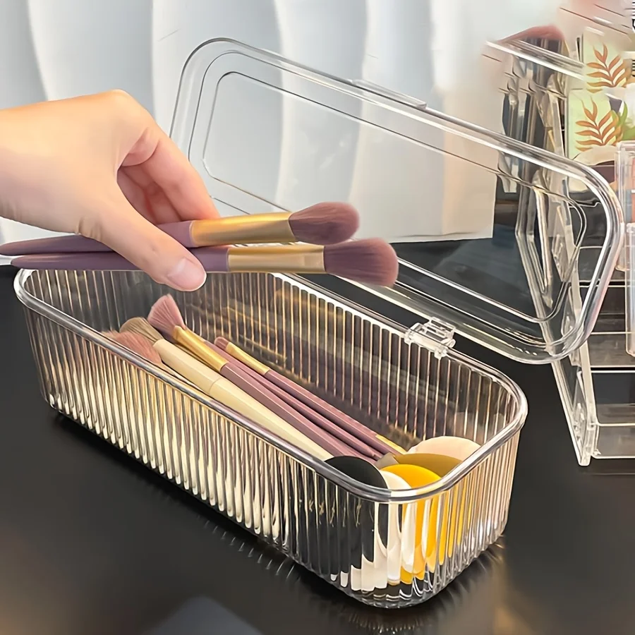 

1pc Acrylic Makeup Organizer with Lid - Dustproof Cosmetic Storage Box for Brushes Portable Beauty Sponges & Powder Puffs