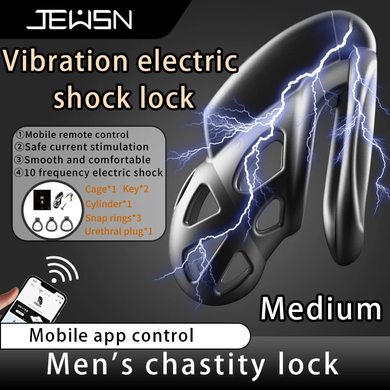 JEUSN-jaula de castidad de choque eléctrico para hombres, juguetes de restricción de acondicionamiento, jaula de pene para hombres Gay con 3 anillos