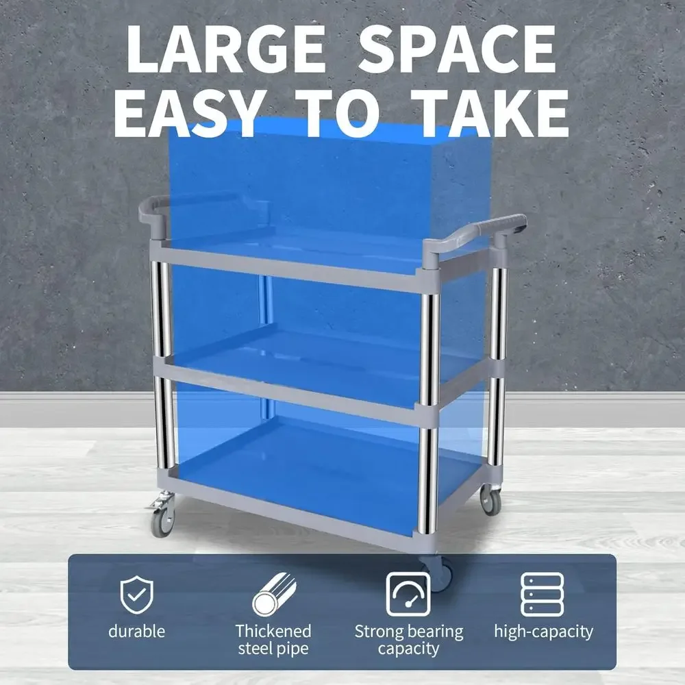 3-Tier Heavy Duty Rolling Utility Cart with Lockable Silent Wheels, 550 Pound acity, Anti-Rust e, Easy-Clean Shelves or Restaura