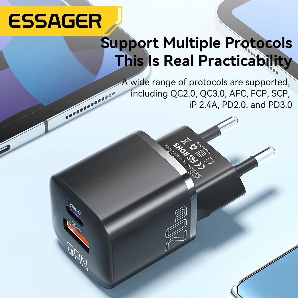 Essager 20W GaN USB 유형 C 충전기 PD 고속 충전 전화 QC 3.0 iPhone 14 13 12 11 Pro Max Mini iPad 충전용 빠른 충전기 구성품