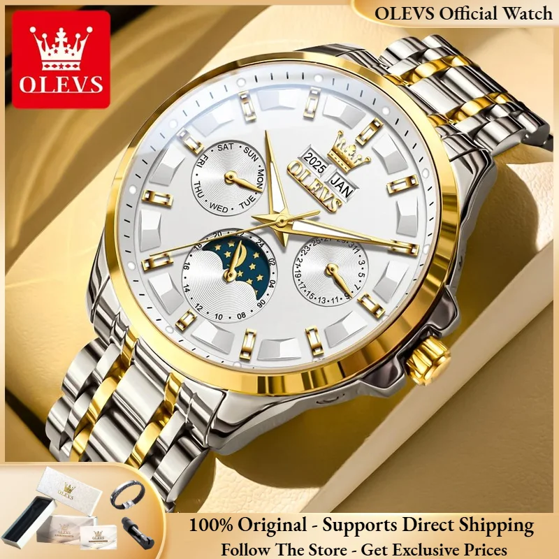 

Мужские часы OLEVS 7070, роскошные, механические, полностью автоматические, деловые, водонепроницаемые, с указанием дня недели, даты и фаз луны, в подарочной коробке, новые.