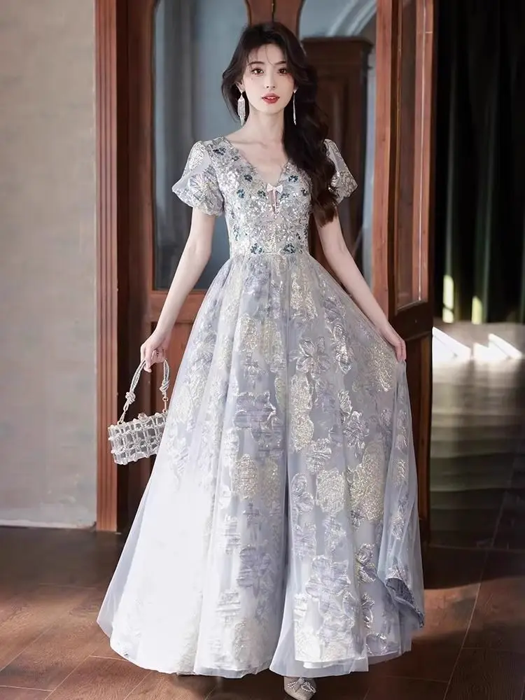

Luxury Blue Formal Occasion Evening Dress Women Elegant Exquisite Sequin V-neck Appliques Floor-Length Birthday Prom Party Gown