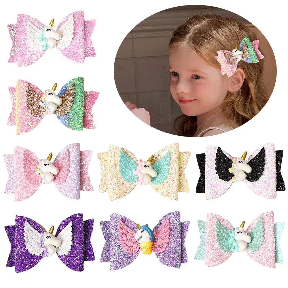 BABY BOWS 8PCS Einhorn Haarspangen Glitzer Schleifen Boutique Haarnadeln Set Engelsflügel für Baby Mädchen Kopfbedeckung Eiscreme Haarnadel Kinder