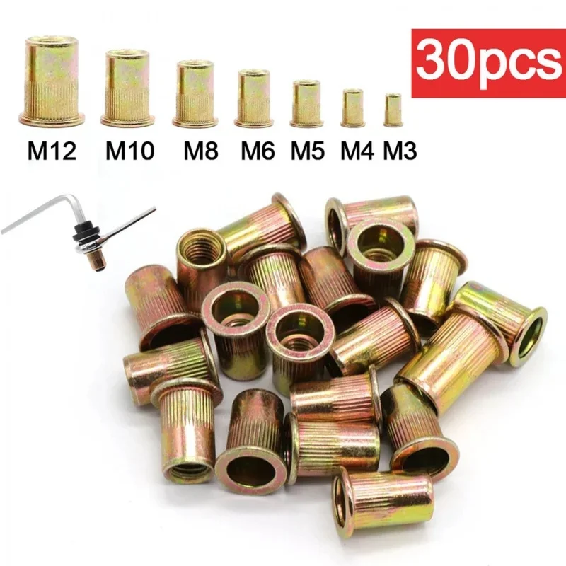 30pcs Rivnut Nutsert Kit M3-M12 Threaded Rivet Nuts Zinc Plated Carbon Steel Fasteners for Automotive Repair DIY