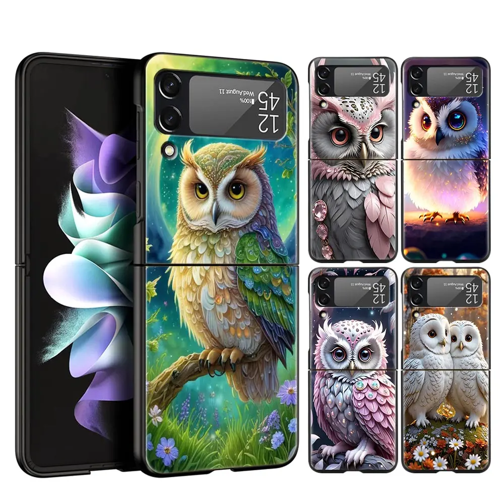 Hard PC Phone Case For Samsung Galaxy Z Flip 7 6 5 4 Black Cover For Galaxy Z Flip 3 Foldable Shockproof Cartoon Cute Owl Capas