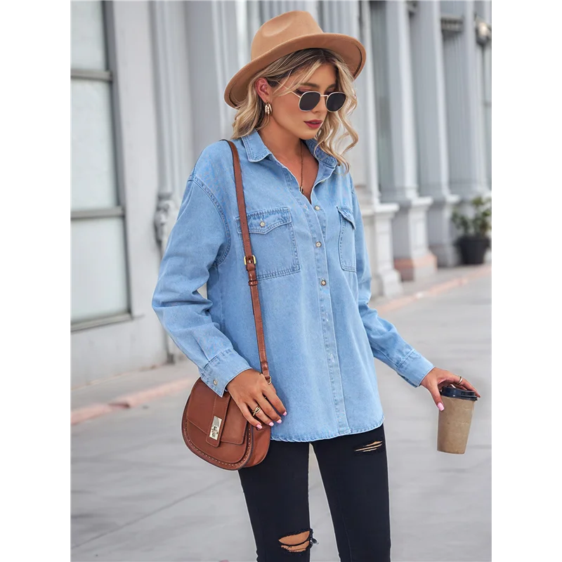 ABP-Women Button Down Denim Shirts Casual Long Sleeve V Neck Chambray Blouse Top