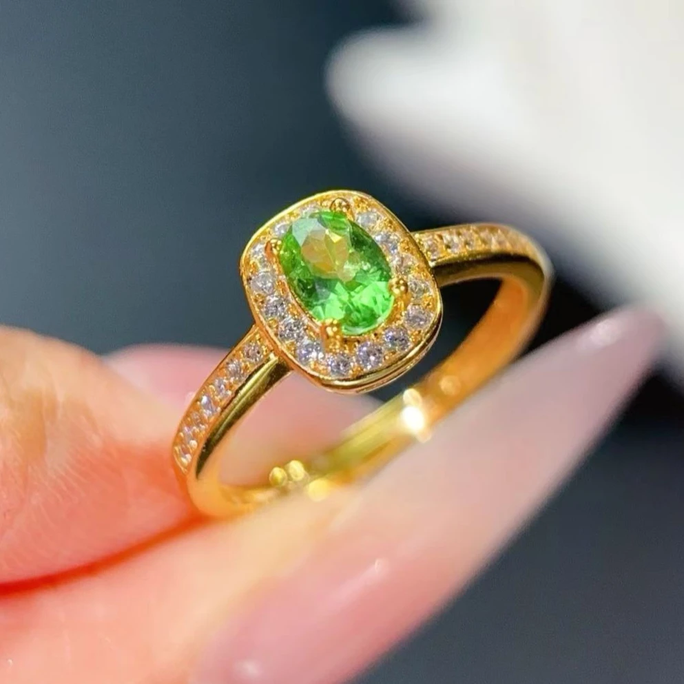 

Certified Natural Tsavorite Ring 925 Sterling Silver Exquisite Craftsmanship 4x6mm Oval Baguette Halo Gold Plated Ring