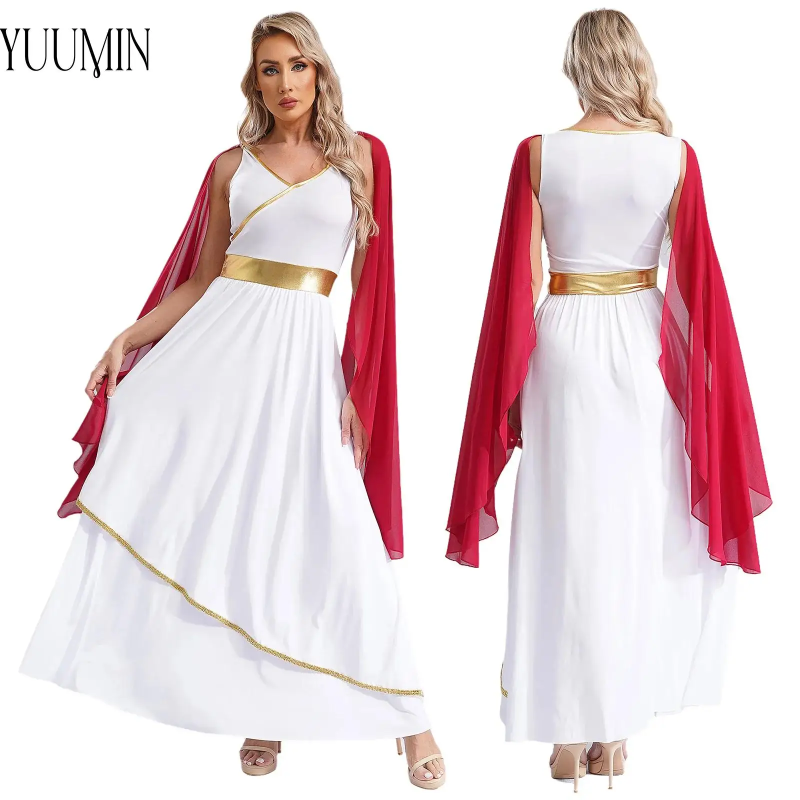 فستان حفلات الرقص اليوناني القديم للسيدات برقبة على شكل V بدون أكمام وزخارف ذهبية توغا اليونان الملكة الرومانية لأزياء الهالوين التنكرية