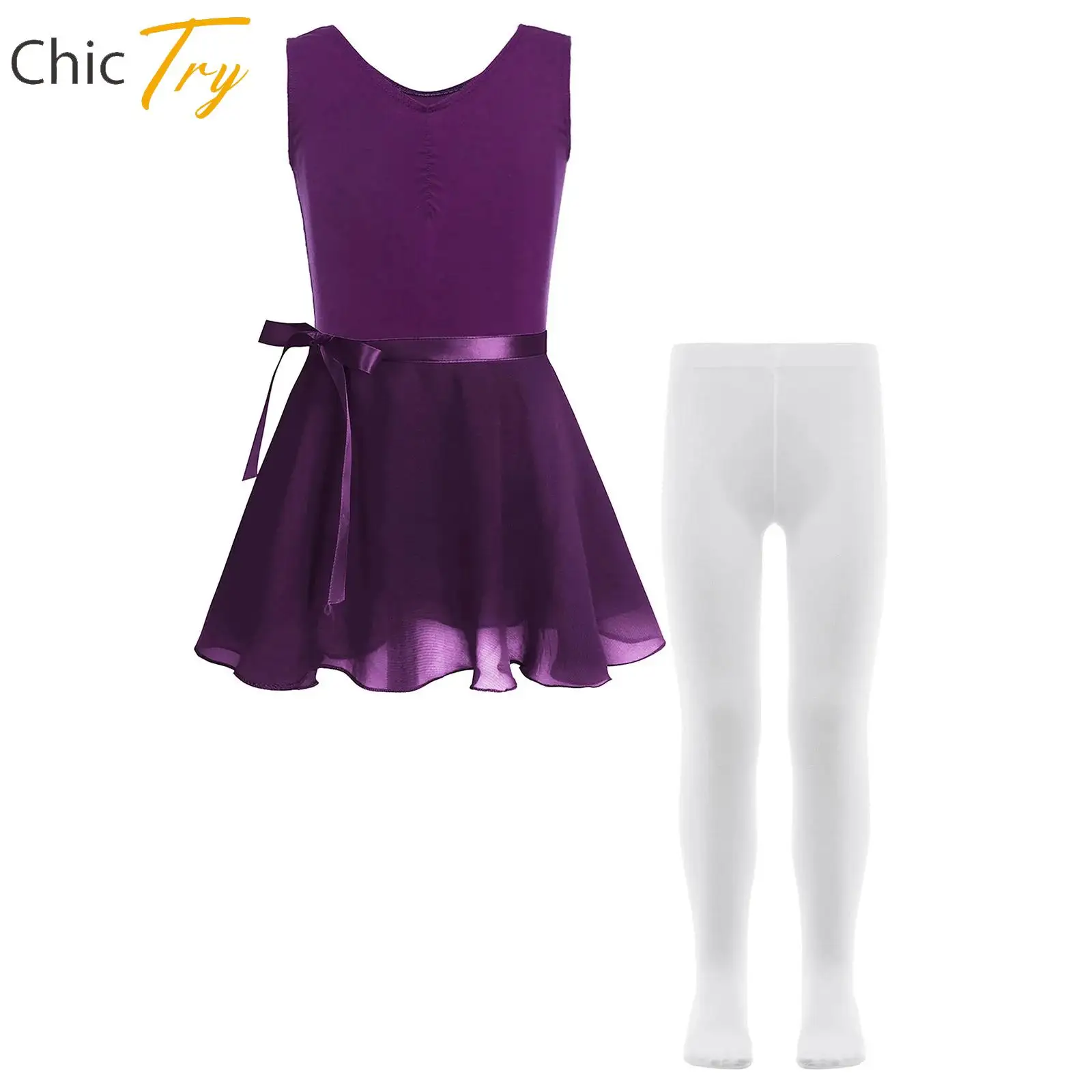

Kids Girls Ballet Dance Outfit Sleeveless Ruched Gymnastics Leotard+Self-Tie Chiffon Skirt+Pantyhose Childs Satge Party Costumes