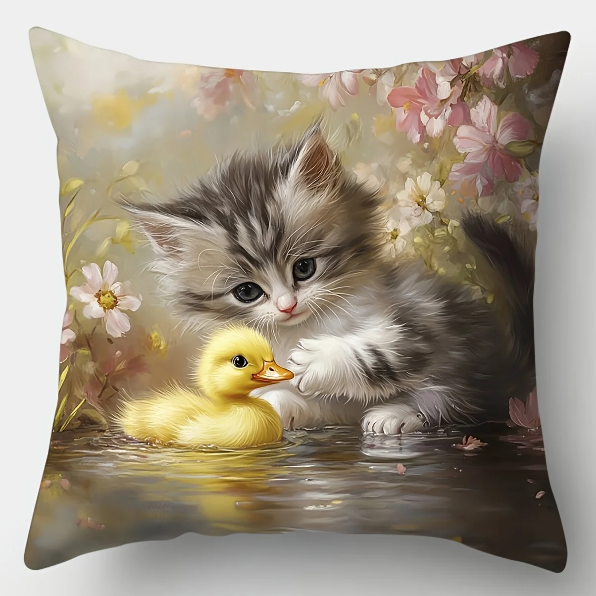 4pcs Kitten and Duckling Cushion Cover Cute Animal Flower Printed Pillow Case Polyester Home Decor Sofa Living Room 2D Flat