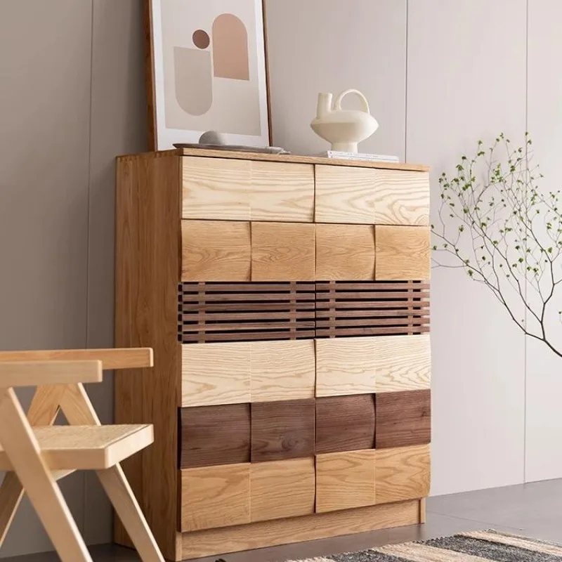 

Japanese-style lattice style solid wood shoe cabinet, living room entry porch cabinet, black walnut oak shoe rack, home door