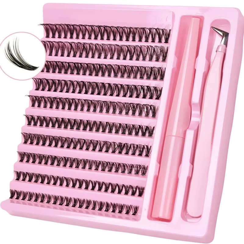 Kit d'extension de cils DIY 200 pièces, faux cils en grappes auto-adhésifs courbés en D avec colle et pince, idéal pour un maquillage facile