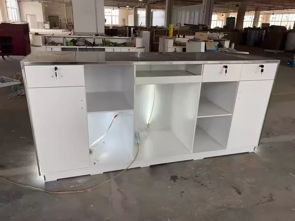 مخصص بوتيك مكتب الاستقبال مكتب صغير قائم الخروج الصناعية الجبهة الفولاذ المقاوم للصدأ الذهب أمين الصندوق بار الأثاث #6